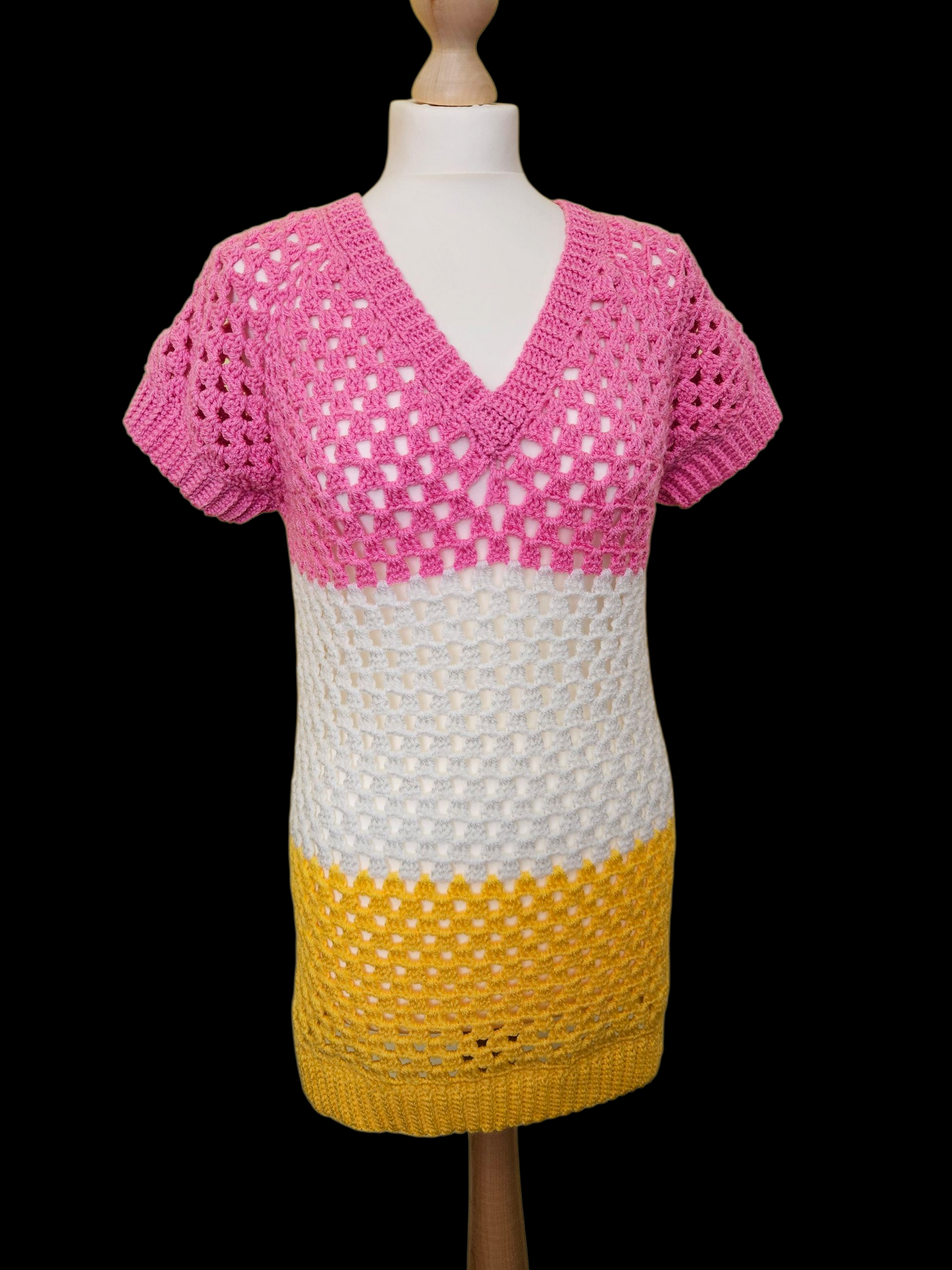 Crochet V neck short sleeve mini dress or long sweater