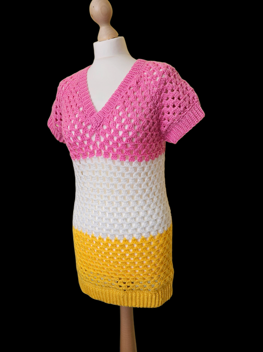 Crochet V neck short sleeve mini dress or long sweater